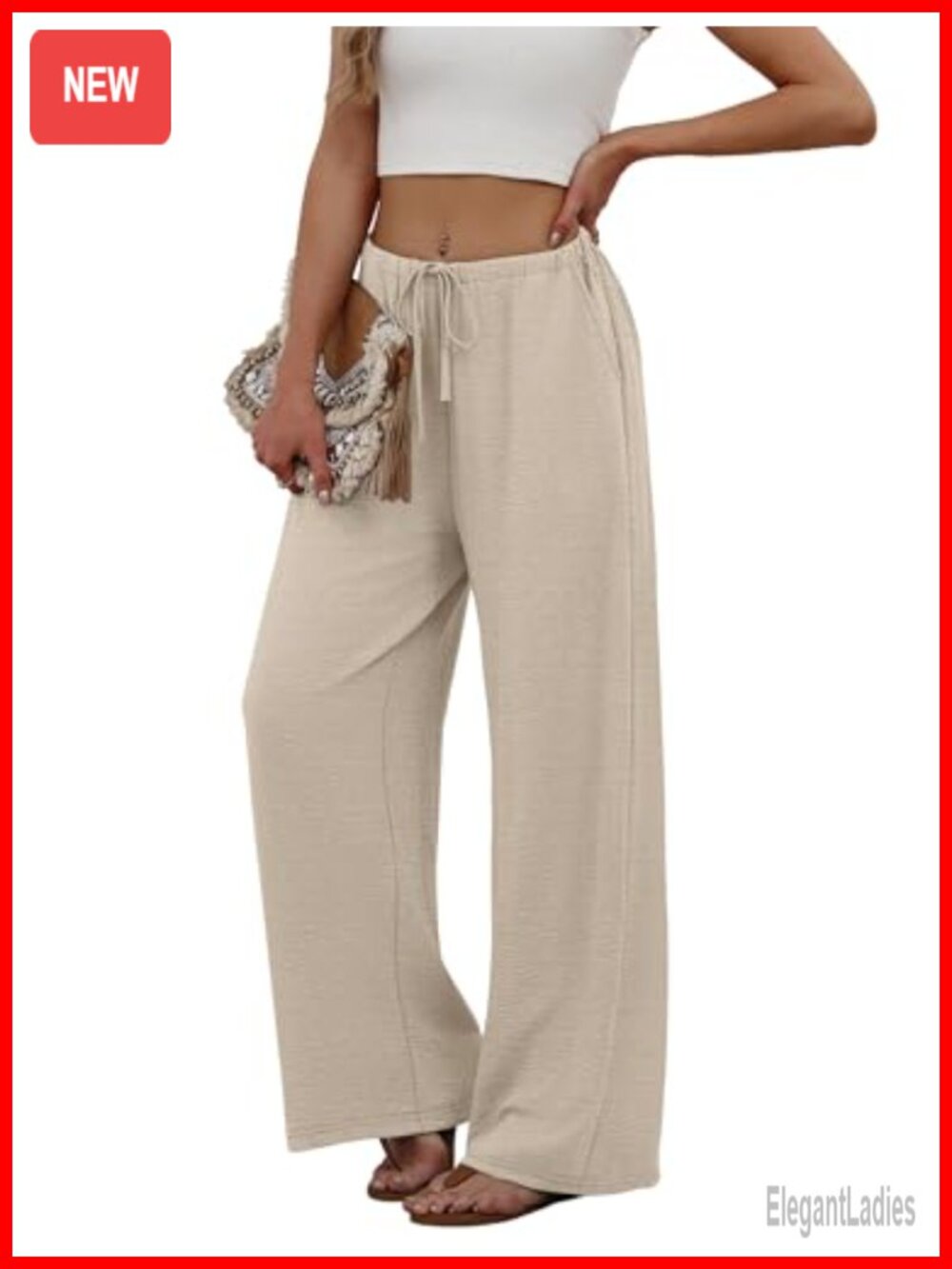 Wide Leg Palazzo Pants with Pockets Drawstring Elastic Waist Flowy Summer - Picture 3 of 6
